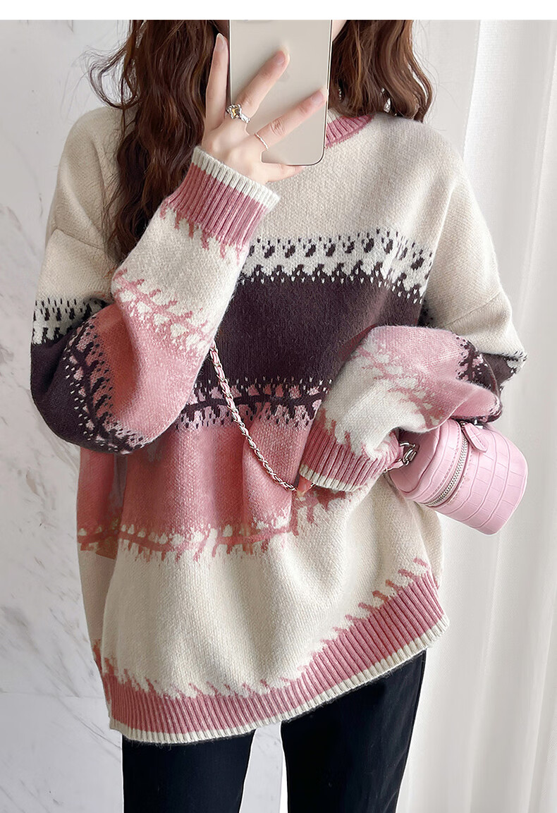TonLion 2025 Autumn Women's Crew Neck Colorblock Wide Stripe Pullover Sweater Youthful Versatile Korean Casual Fashion 13