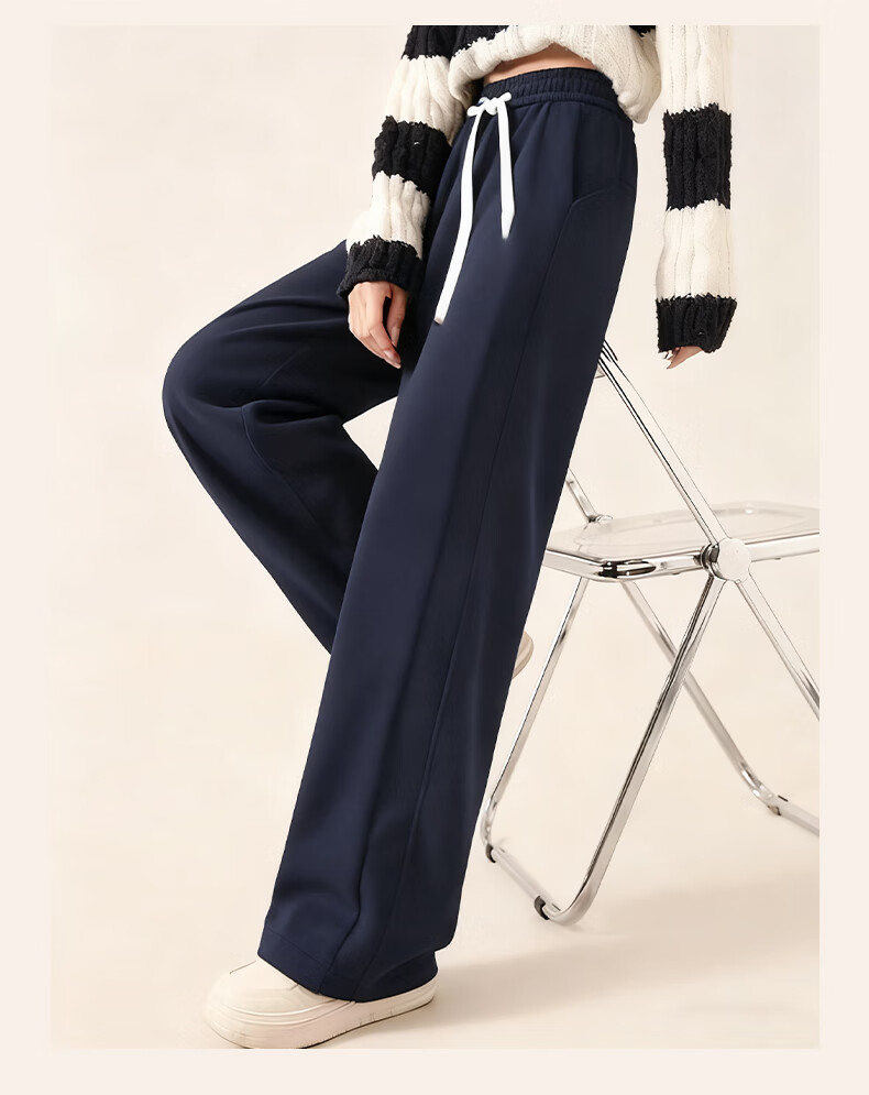Baleno Women's Navy Blue Fleece-Lined Wide-Leg Pants High-Waist Straight-Leg Sports Casual Thickened Trousers Autumn Winter 12