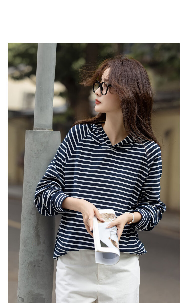 Demana [Stripe Code] Autumn Korean Style Hooded Long Sleeve Loose Stretchy Relaxed Sweatshirt for Petite Women 2
