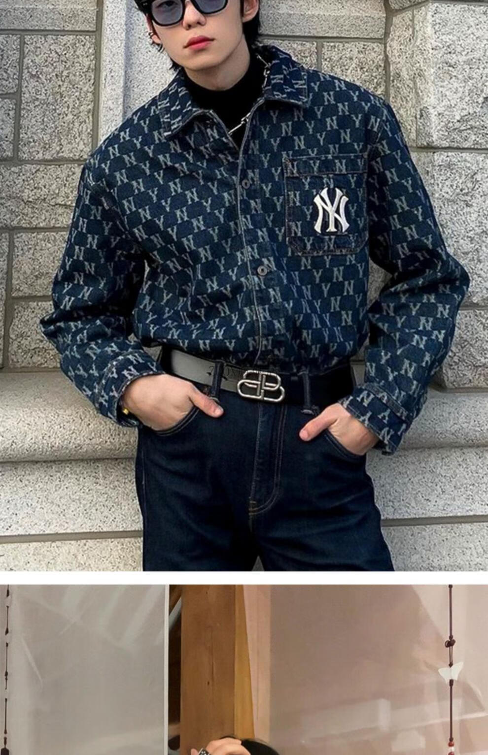 【新店惠客】ny韩国牛仔外套男女潮牌情侣老花满标宽松夹克春秋棒球服