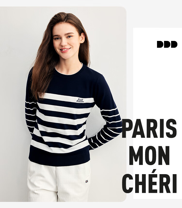 ELLE ACTIVE Striped Contrast Color Sweater for Women, Spring 2026 Style, Elegant Slimming Round Neck Long-Sleeve Knitted Top, Navy Blue/white, Size S 9