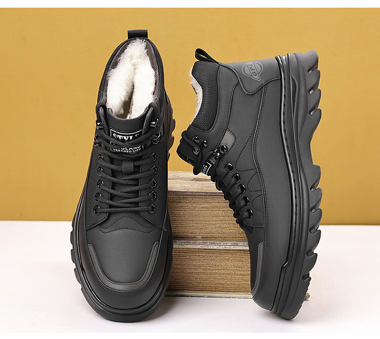 Hengyuanxiang Men's First Layer Cowhide Lace-up Martin Boots Autumn Winter Fleece-lined Cotton Shoes J6723 Black 39 5