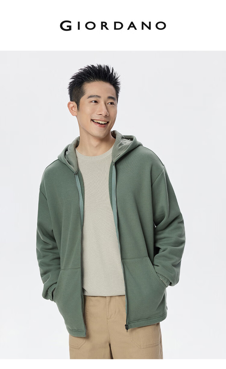 Giordano Men's Hooded Sweatshirt Autumn Winter Fleece Thickened Kangaroo Pocket Loose Pullover 18075812 3