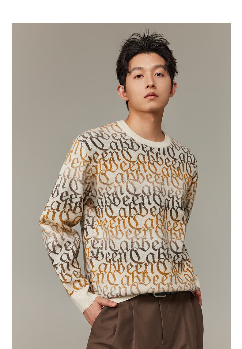 CABBEEN Multi-Yarn Woven Long Sleeve Sweater with CABBEEN Logo Vintage Pattern Winter Colorblock Knitwear 9