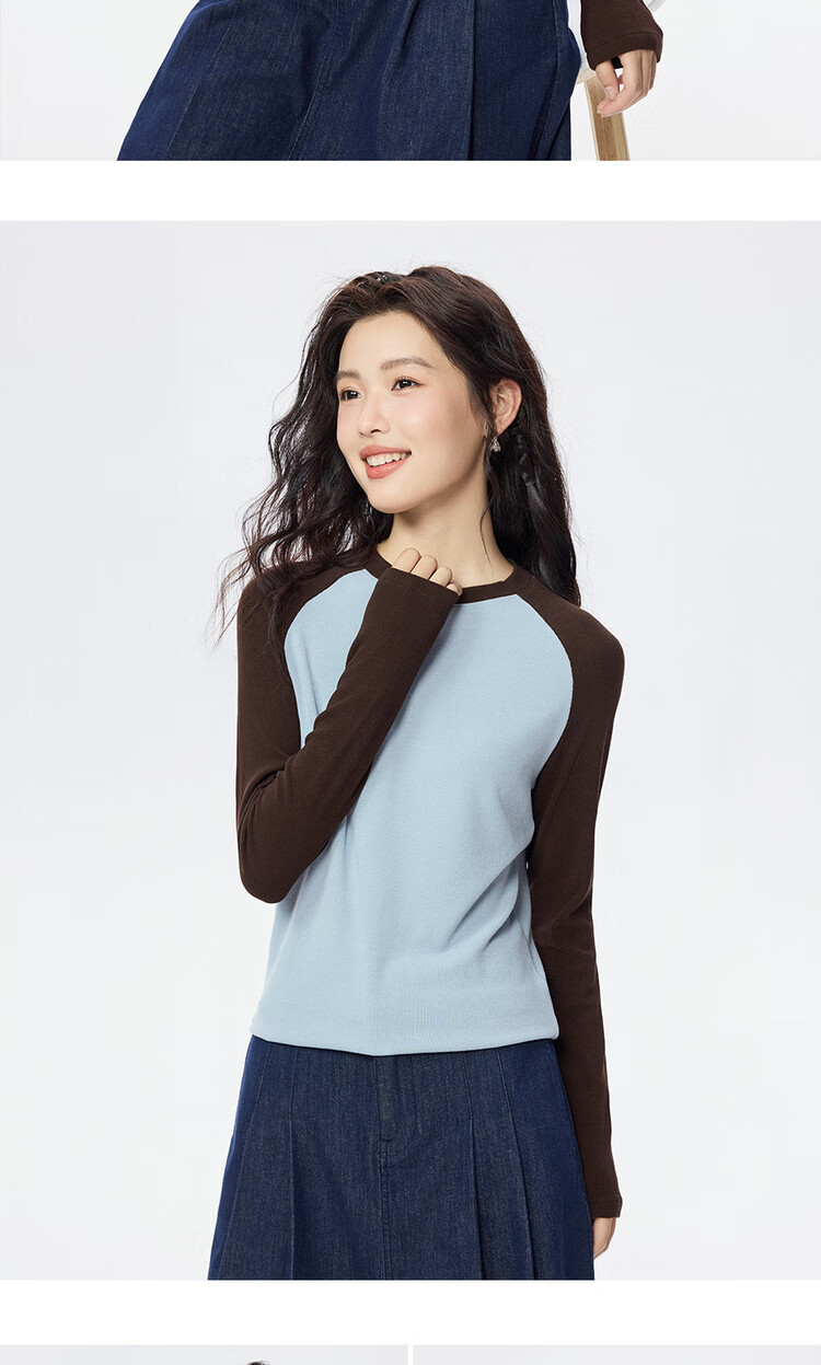 ZARA Women's Long Sleeve T-shirt with Elasticity, Vintage American Style Contrast Color Patchwork Round Neck Knitted Top 05325821 9