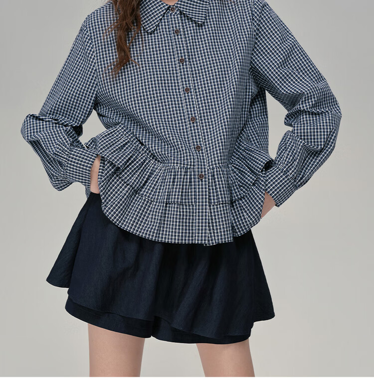 Giordano Designer Autumn Pure Cotton Lace American College Plaid Long Sleeve Shirt for Women 18345911 17
