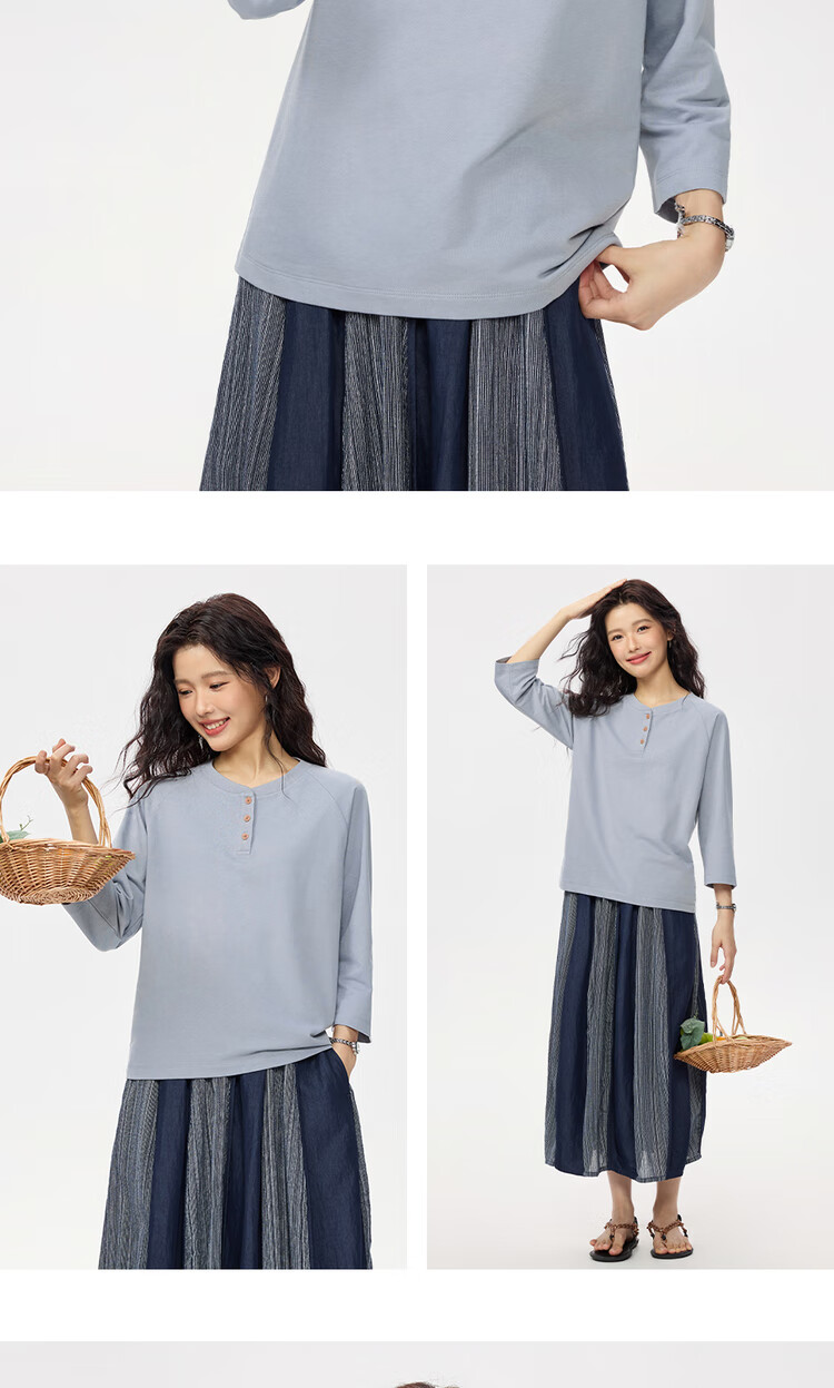 Zara Women's Autumn Pure Cotton American Style Henley Neck Drop Shoulder Seven-Quarter Sleeve Top 13325771 17