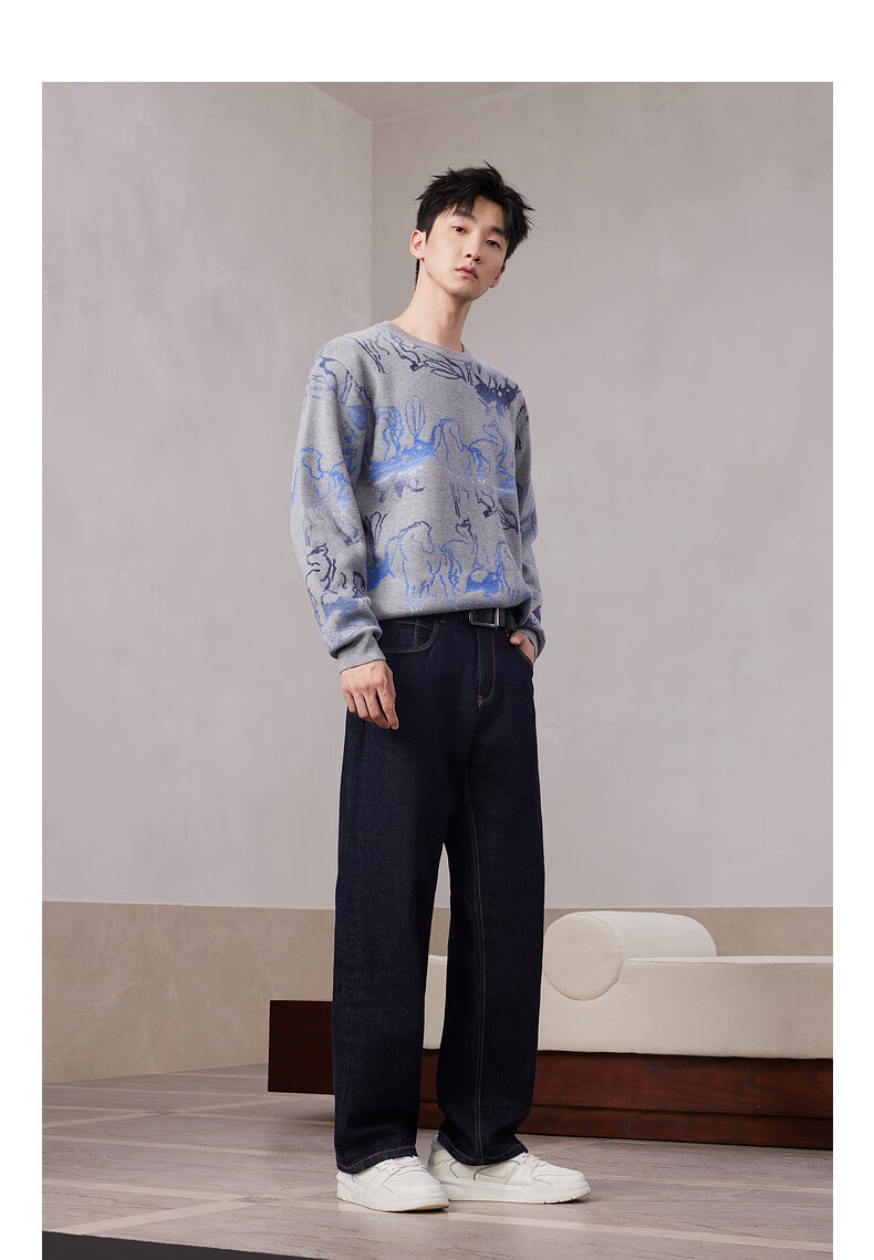 CABBEEN 100% Combed Cotton Men's Artistic Pattern Jacquard Gradient Yarn Winter Long Sleeve Sweater 11