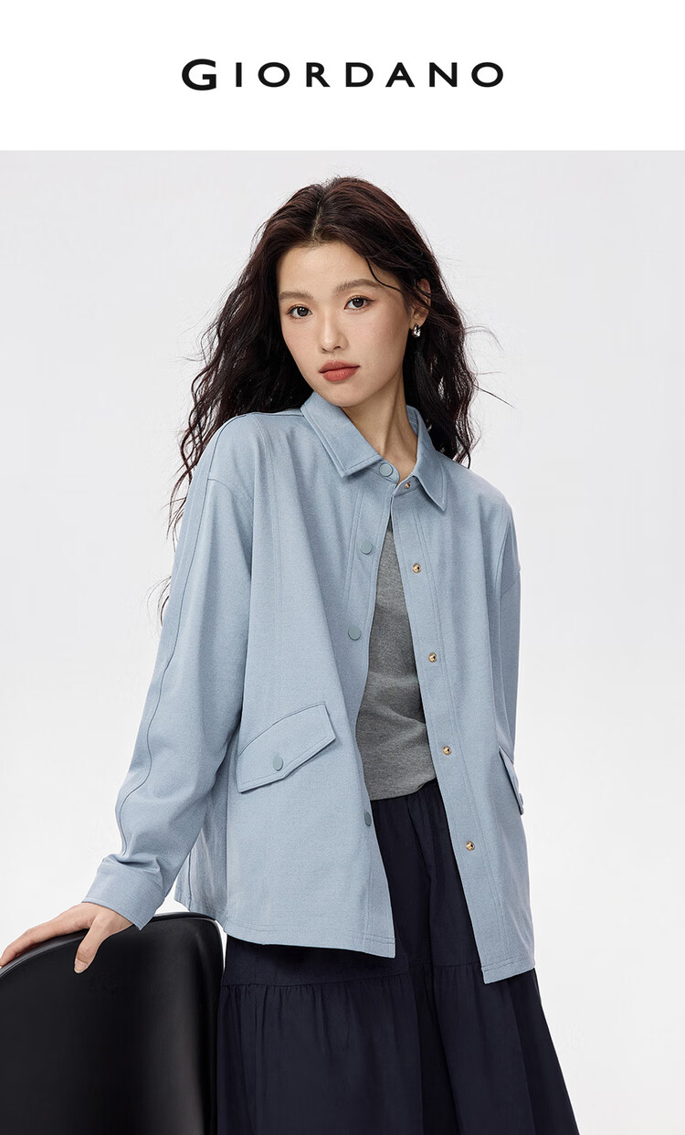 Giordano Women's Shirt Jacket Autumn Winter Simple Pocket Lapel Knit Casual Jacket 05375471 3