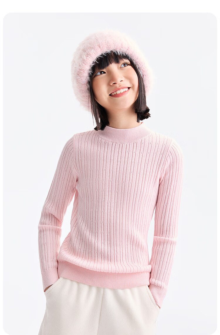 Annil Kids Girls' Mid-Neck Long Sleeve Knit Sweater 2025 Winter New Slim Fit Base Shirt Energetic Pink Size 150 7