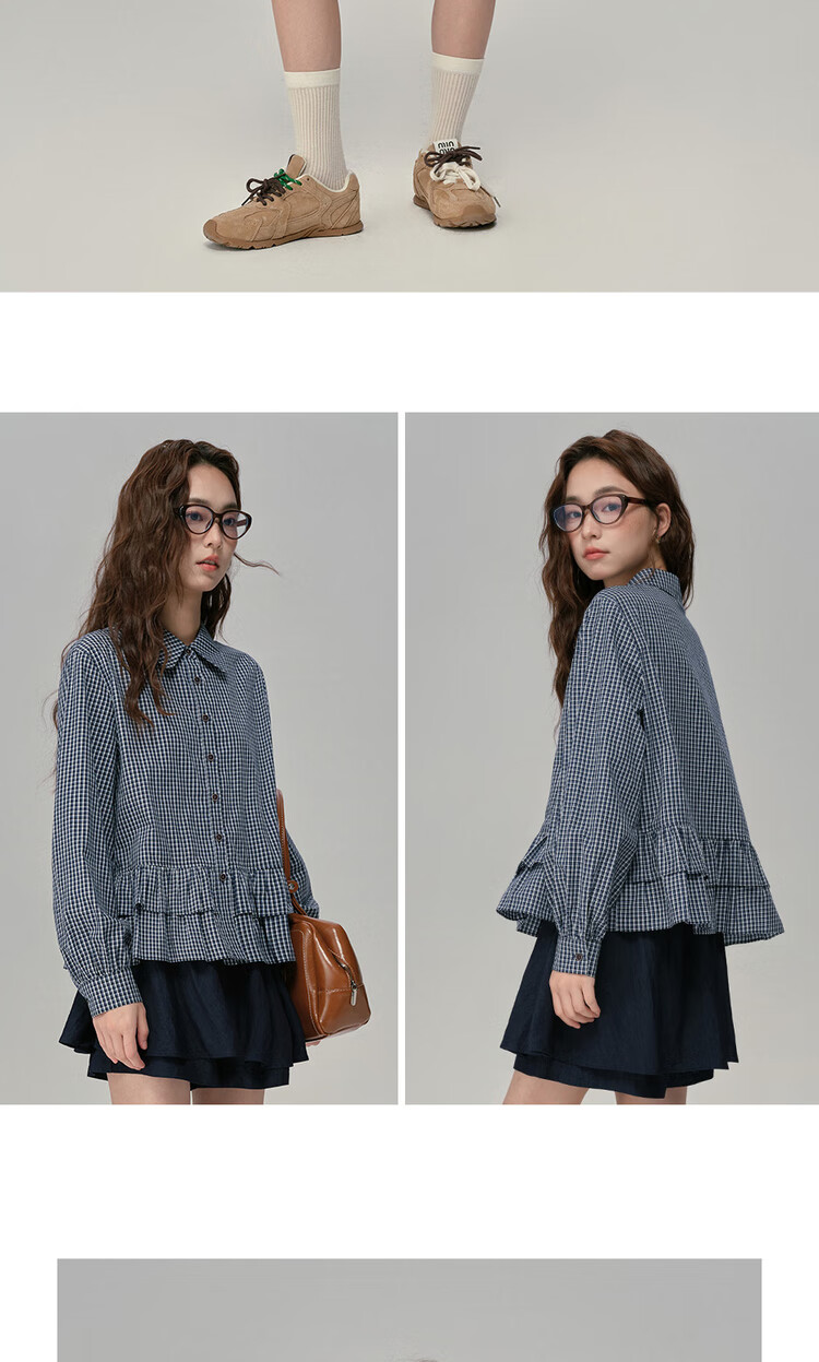 Giordano Designer Autumn Pure Cotton Lace American College Plaid Long Sleeve Shirt for Women 18345911 14
