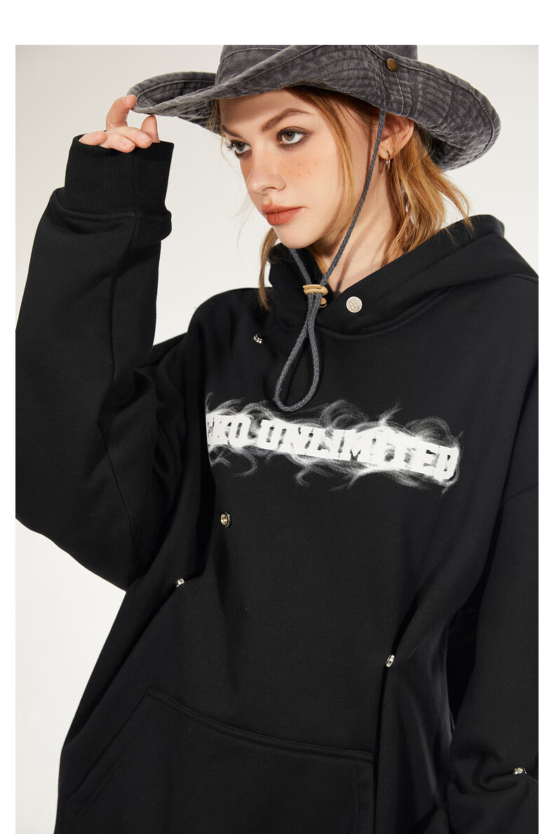 ecko犀牛潮牌2022冬季新款复古金属按扣字母烟雾印花加绒连帽卫衣男女