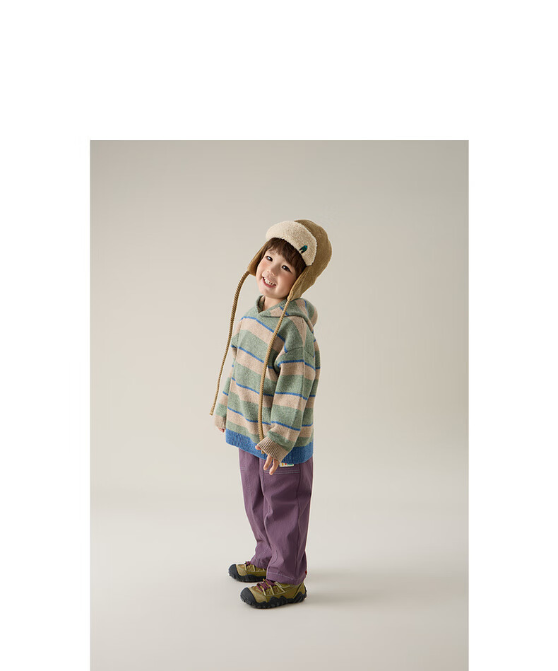 Papapapa Autumn Winter New Children's Sweater Boys and Girls Stylish Striped Hooded Loose Knit Pullover Pink Size 90 12