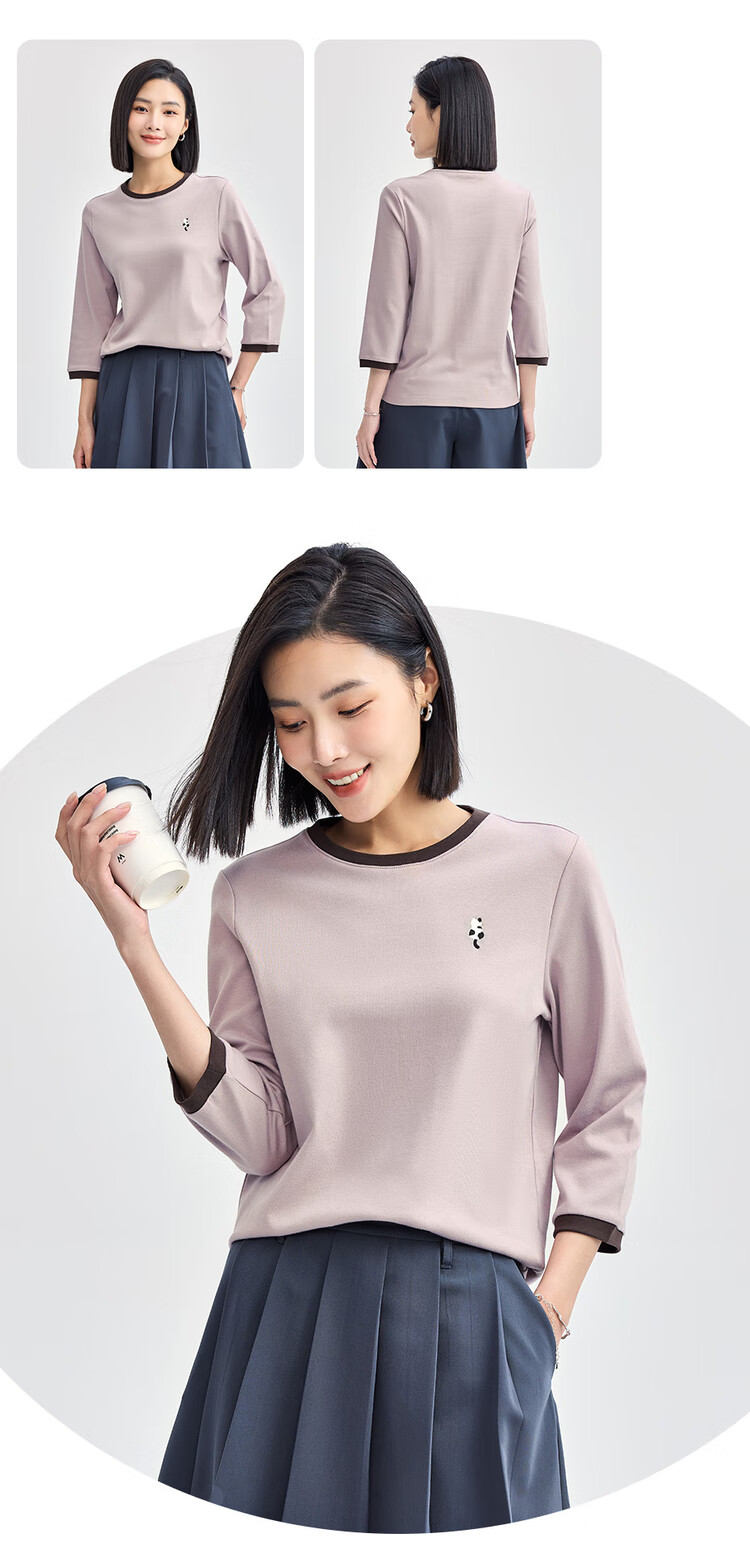 Giordano Women's T-Shirt, 2026 New Style, Pure Cotton, Cat Embroidery, Contrasting Color, Round Neck, Three-Quarter Sleeve Top, 05324798 12
