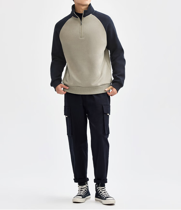 Giordano Fleece-Lined Sweatshirt for Men, New American-Style Color Block Raglan Sleeve Stand Collar Half-Zip Pullover Top 01025797 13