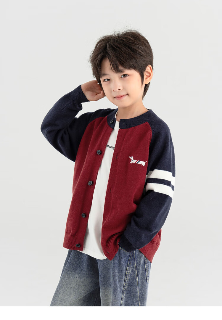 Duoduo Boys Cardigan Spring Autumn Layering Round Neck Sweater Children's 2026 New Cartoon Dog Colorblock Knit Top 3