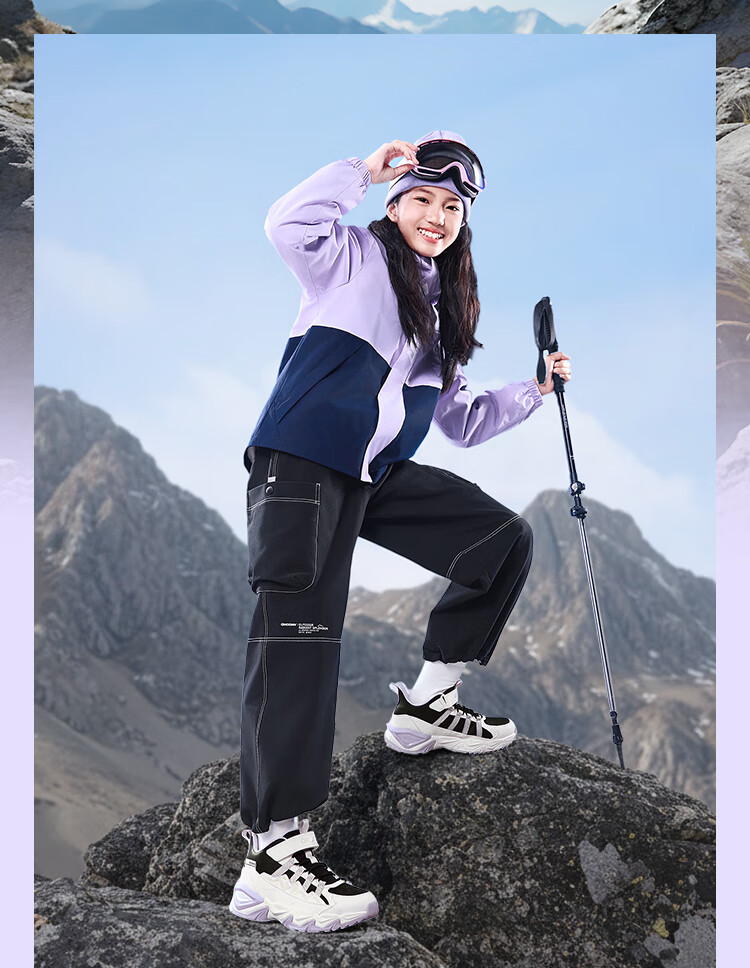 QIAODAN Girls' Casual Shoes Children's Winter High-Top Outdoor Hiking Leather Sports Shoes Black/Soft Gray Purple Size 35 3