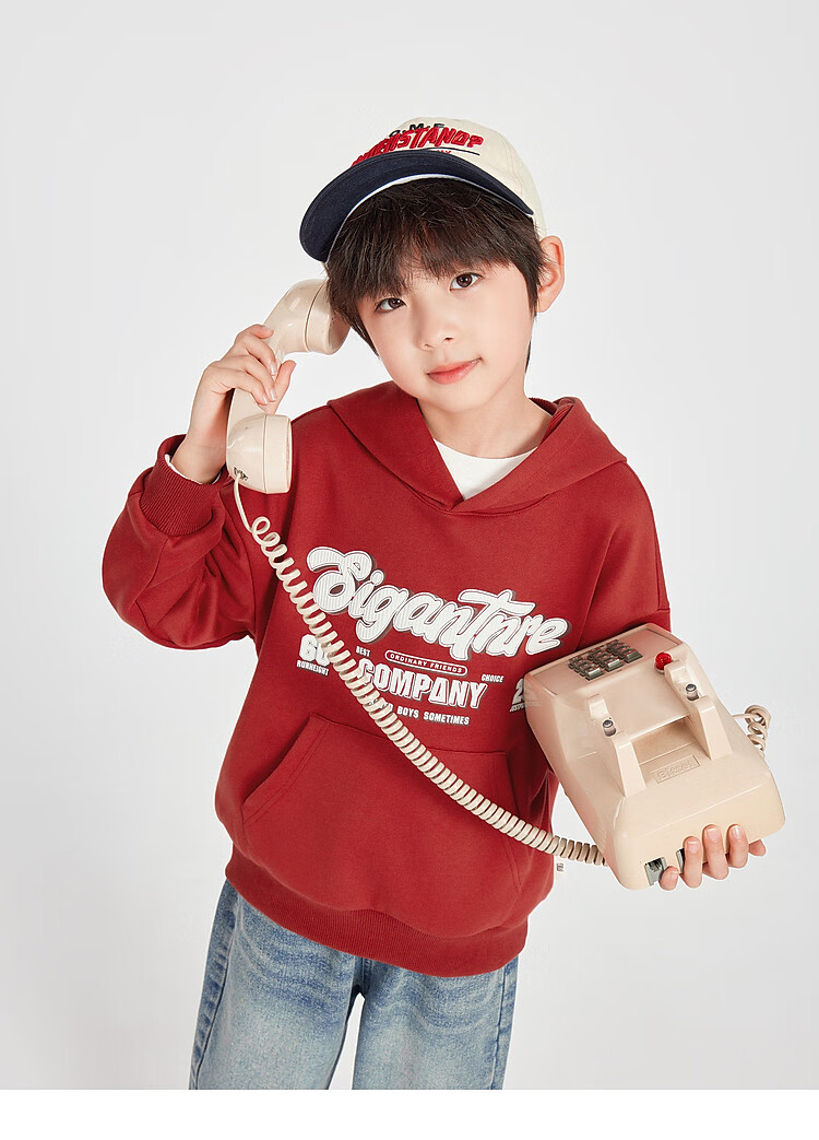 Duoduo Home [Kangaroo Pocket] Boys' Red Hoodie Sportswear Casual Spring American Letter Print Top for Older Children 6
