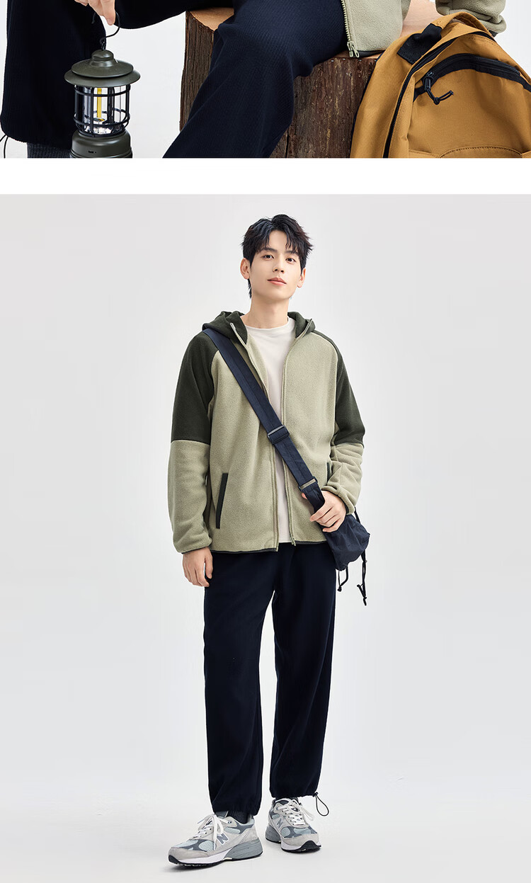 Giordano Men's Fleece Jacket Autumn Winter Colorblock Raglan Casual Hooded Fleece Jacket 13075804 11