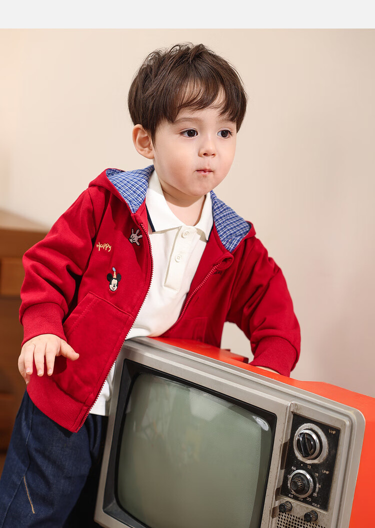 LUSON Little O Dad Boys' Baby Jacket Spring Hooded Red 2025 New Boys' Sweatshirt Baby Cardigan Spring Autumn Wear 10