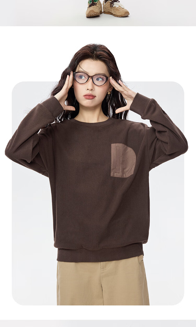 Giordano Women's Fleece Pullover Sweatshirt Autumn Winter New Patchwork Fake Pocket Crew Neck Fleece Top 05325816 15
