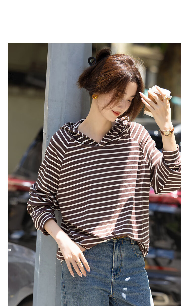 Demana [Stripe Code] Autumn Korean Style Hooded Long Sleeve Loose Stretchy Relaxed Sweatshirt for Petite Women 3