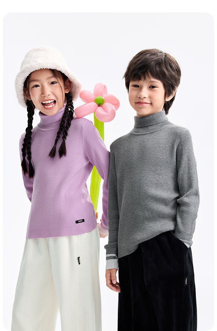 Annil Kids Boys and Girls High Collar Long Sleeve Knit Sweater 2025 Winter New Twilight Flower Gray 150 4