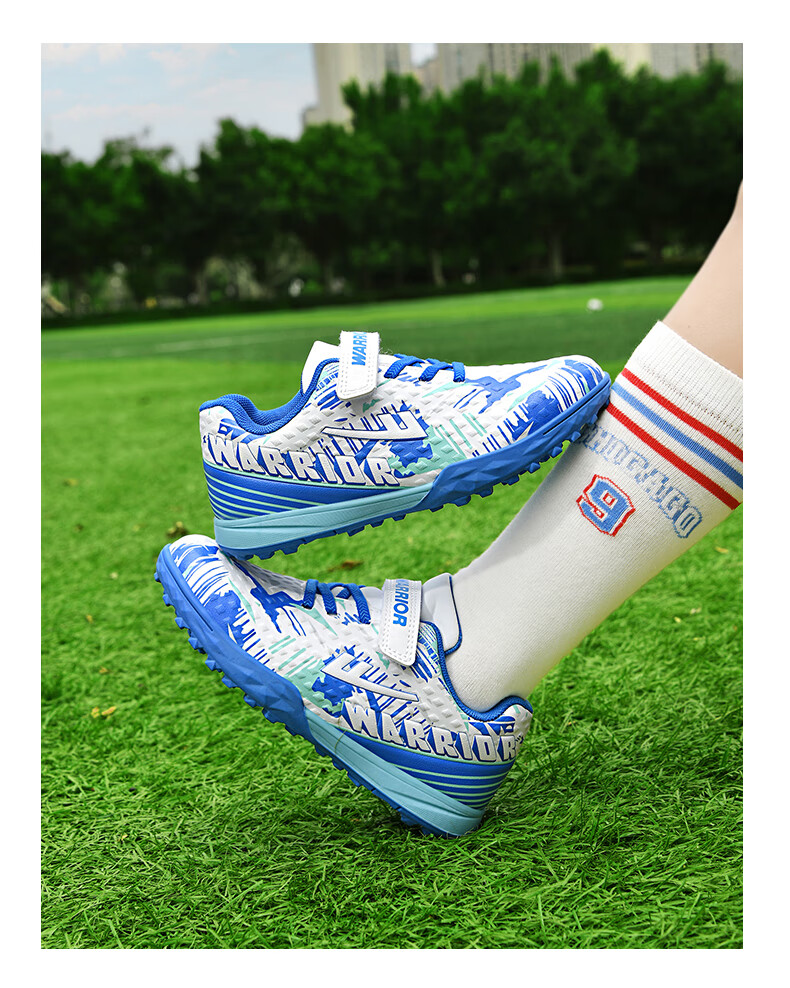 Huili Soccer Cleats with TF Studs, Velcro, No-Tie Design for Men, Women, Children, Students, Campus And Lawn Use, Model 572, Size 29, White And Navy Blue 22