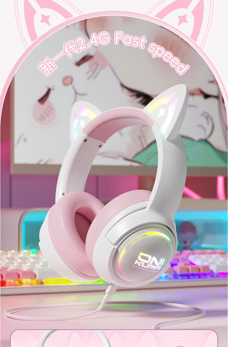ONIKUMA Cat Ear Headphones, Wireless Bluetooth Tri-Mode, Cute High-Quality Noise-Cancelling Music Gaming E-Sports Headset with Microphone, for Huawei Android Phones And Computers, Birthday Gift 7