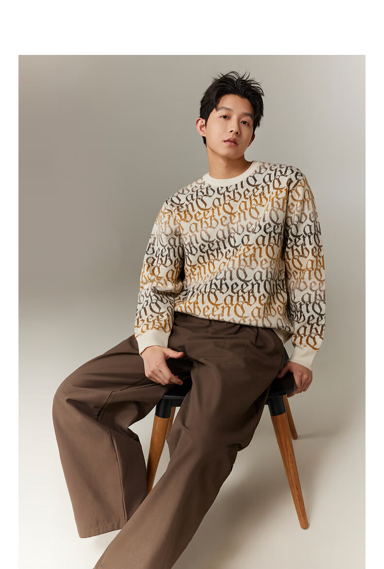 CABBEEN Multi-Yarn Woven Long Sleeve Sweater with CABBEEN Logo Vintage Pattern Winter Colorblock Knitwear 4