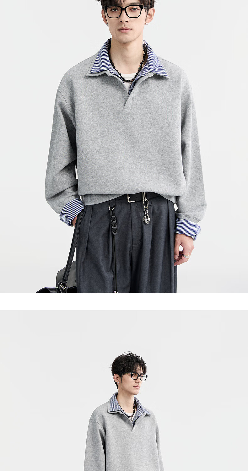 Earl Zore Premium Layered Shirt Collar Pullover Sweatshirt for Men Loose Casual Top 5