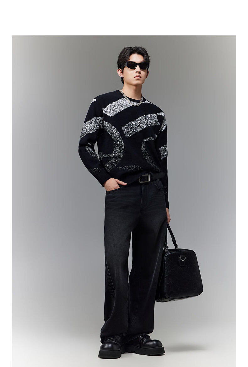 CABBEEN 100% Combed Cotton Men's Logo Geometric Colorblock Jacquard Winter Long Sleeve Sweater 4