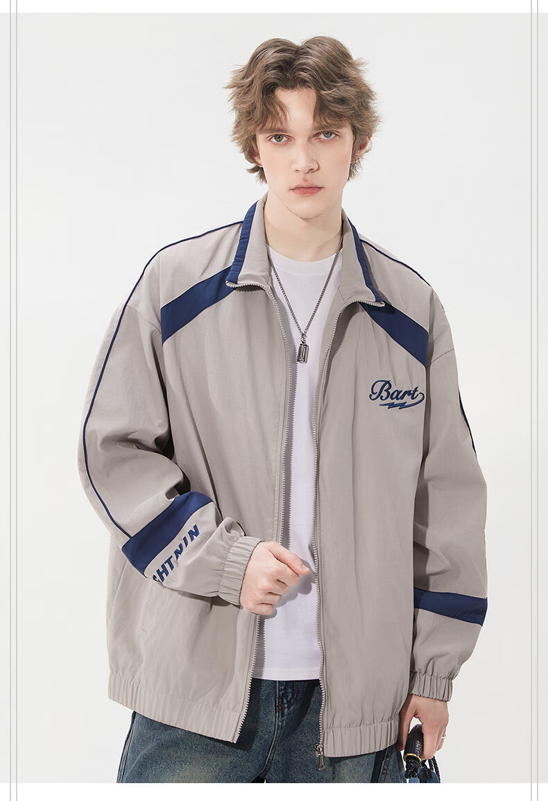 THE SIMPSONS Casual Loose Trendy Embroidered Colorblock Unisex Jacket Coat Gray Regular L 3