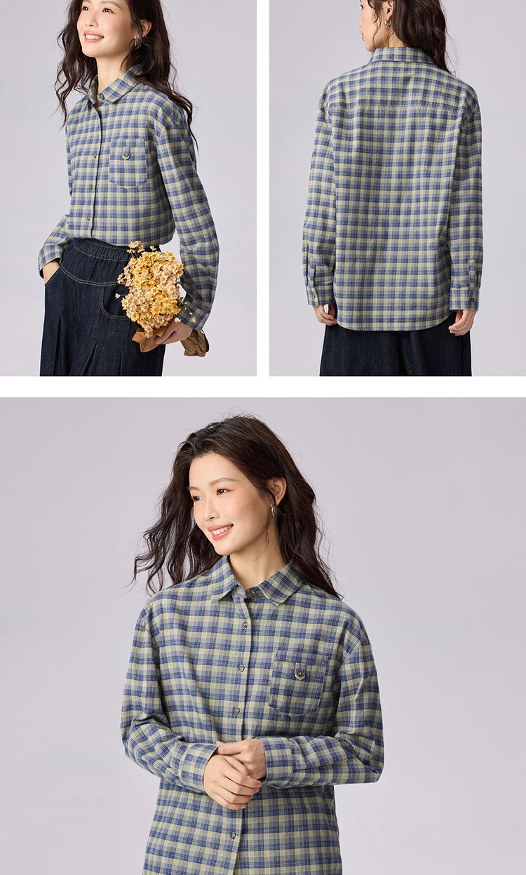 Giordano Women's American Style Plaid Flannel Shirt Autumn Winter New Pure Cotton Loose Long Sleeve Shirt 05345876 12