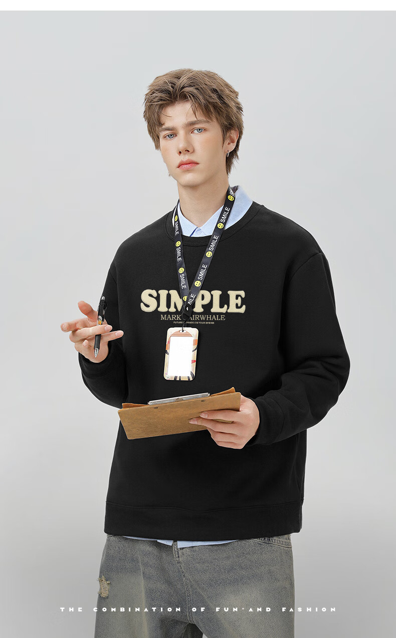 Mark Fairwhale Fleece Lined Men's Sweatshirt Autumn Winter Crewneck Loose Heavyweight Long Sleeve Jacket Black XL 2