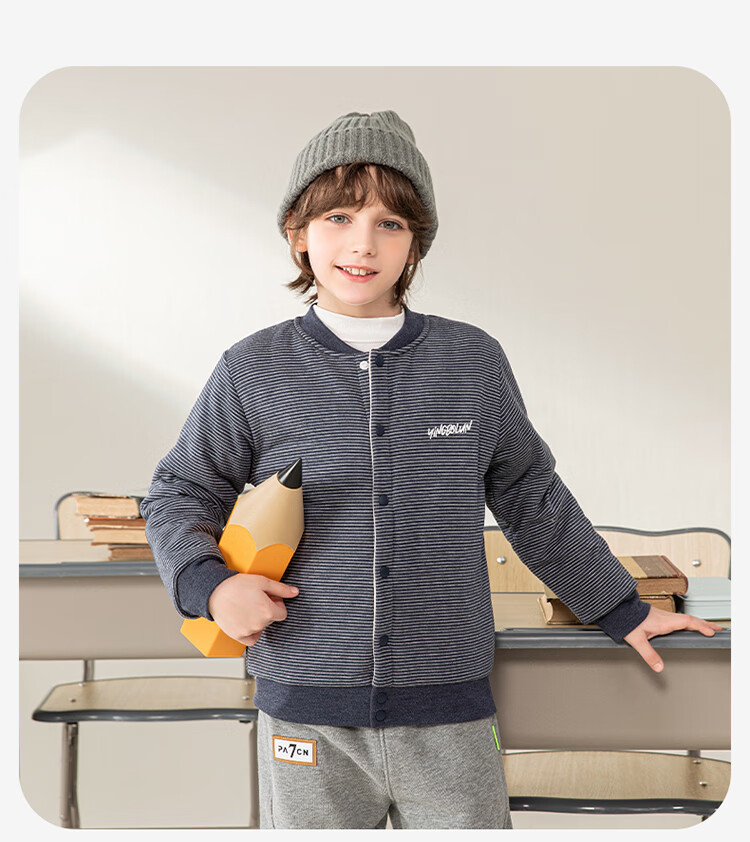 YING BO LUN Children's School Uniform Essential Autumn Winter Thickened Thermal Innerwear 81125 Dark Blue Stripes Size 110 10