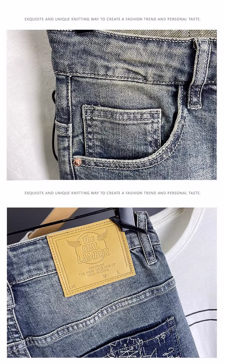 Embroidered Jeans Men's Autumn Loose Straight Nine-Point Pants American Retro Premium Casual Elastic Pants, Blue 33_mkmklike.com