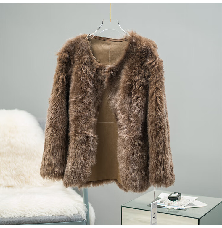 外套女羊毛卷托斯卡纳女冬季款羊毛中长款外套小个子皮草外套 可可色