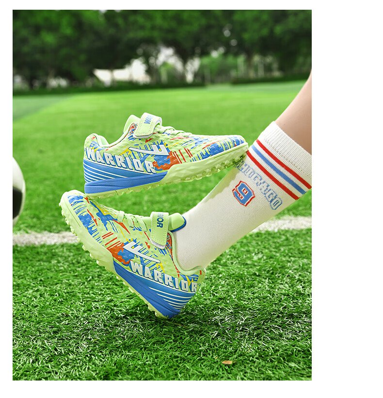 Huili Soccer Cleats with TF Studs, Velcro, No-Tie Design for Men, Women, Children, Students, Campus And Lawn Use, Model 572, Size 29, White And Navy Blue 29