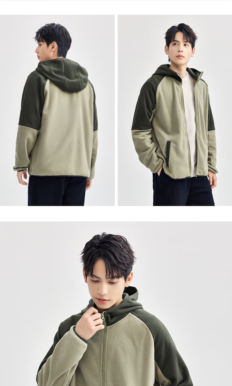 Giordano Men's Fleece Jacket Autumn Winter Colorblock Raglan Casual Hooded Fleece Jacket 13075804 12