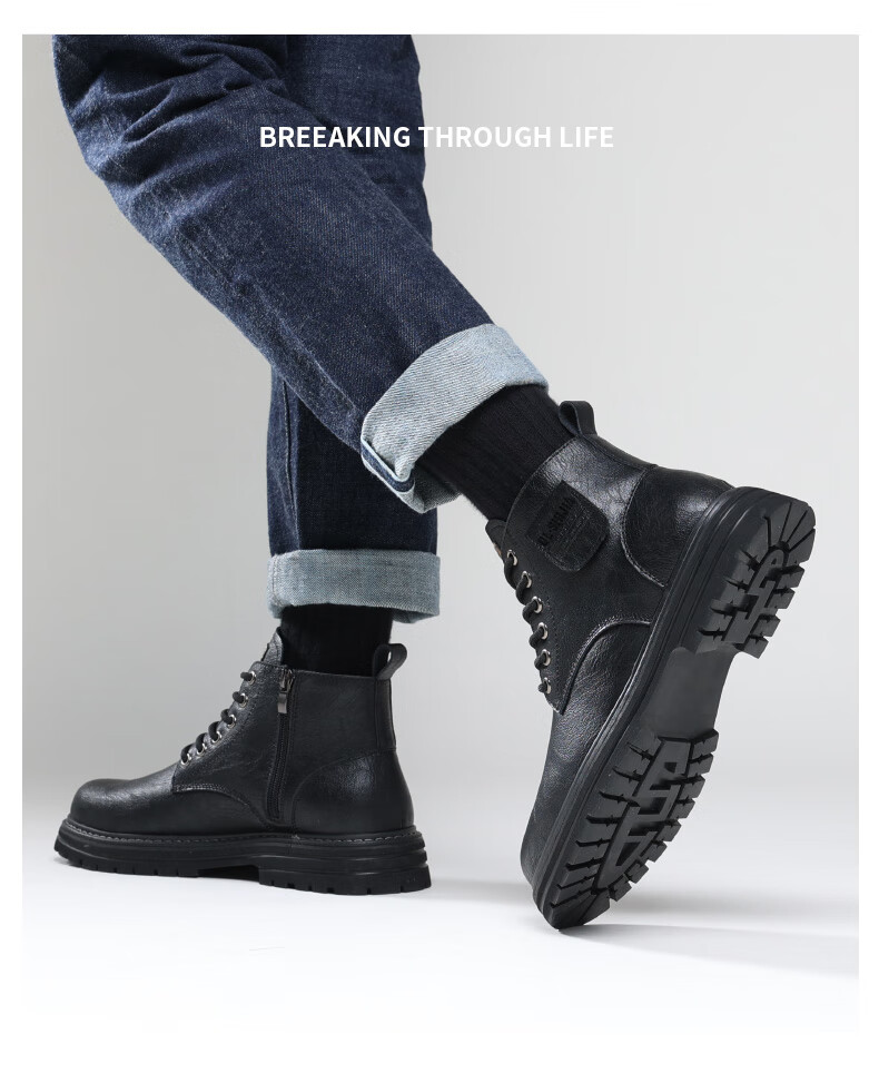 Qunlang Shijia Genuine Leather Martin Boots Men Winter Thick Sole British Retro Fashion Work Boots Fleece Lined Shoes 6