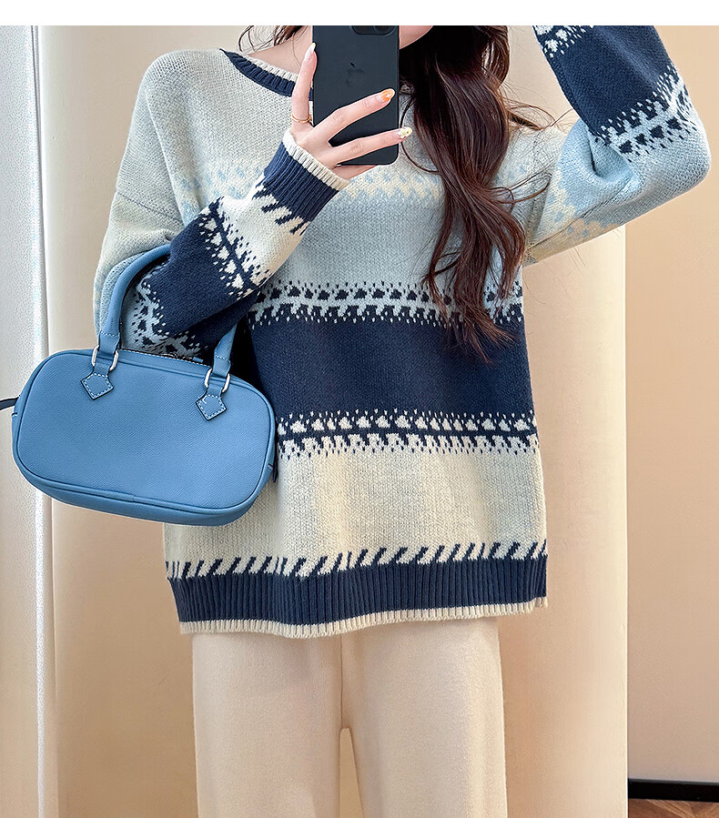 TonLion 2025 Autumn Women's Crew Neck Colorblock Wide Stripe Pullover Sweater Youthful Versatile Korean Casual Fashion 19