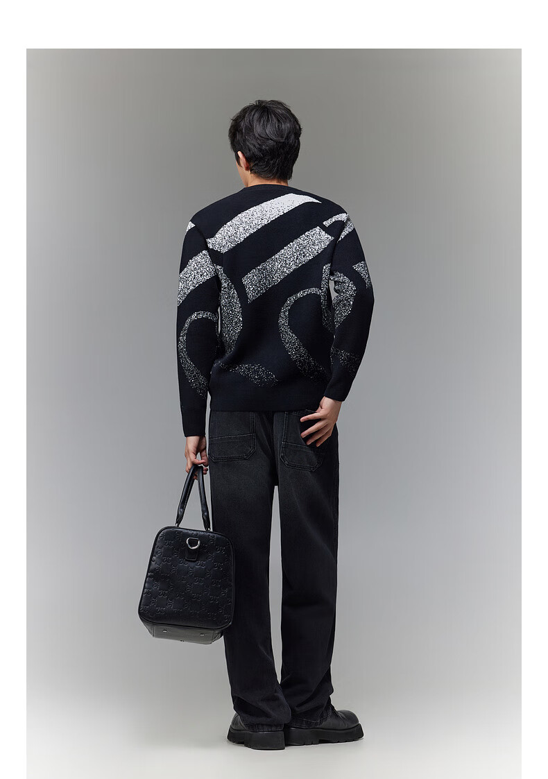 CABBEEN 100% Combed Cotton Men's Logo Geometric Colorblock Jacquard Winter Long Sleeve Sweater 8
