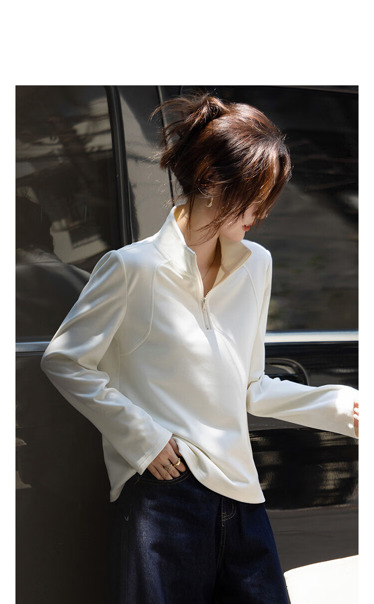 Demana [Cloud Feel Derong] Autumn Simple Style Half-Zip Stand Collar Straight Loose Small Size Sweatshirt for Women 2