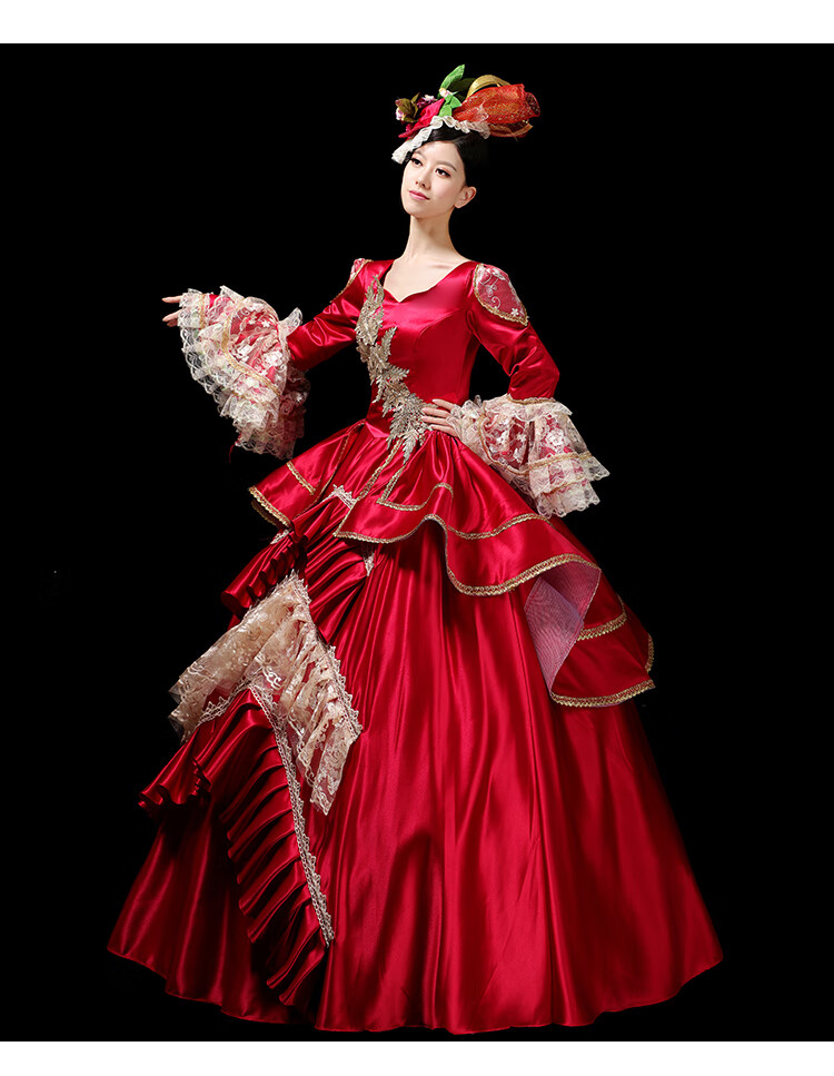 中世纪宫廷礼服欧洲演出服舞台礼服走秀派对圣诞影楼 酒红色单裙子