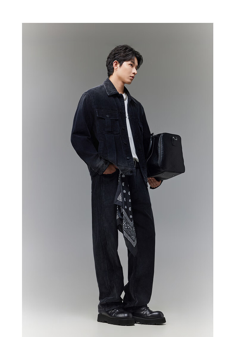 CABBEEN Black Corduroy Denim Jacket Men Gradient Washed Corduroy Denim Winter Coat 5