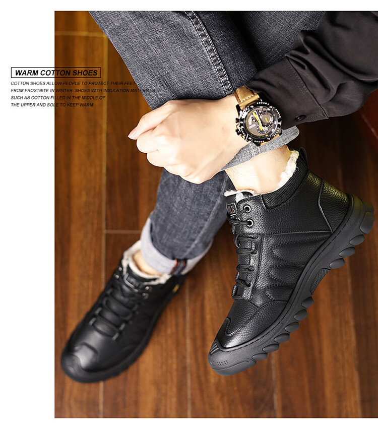 Hengyuanxiang Men's First Layer Cowhide Autumn Winter Fleece-lined Martin Boots Lace-up Work Cotton Shoes J0998 Black 39 2