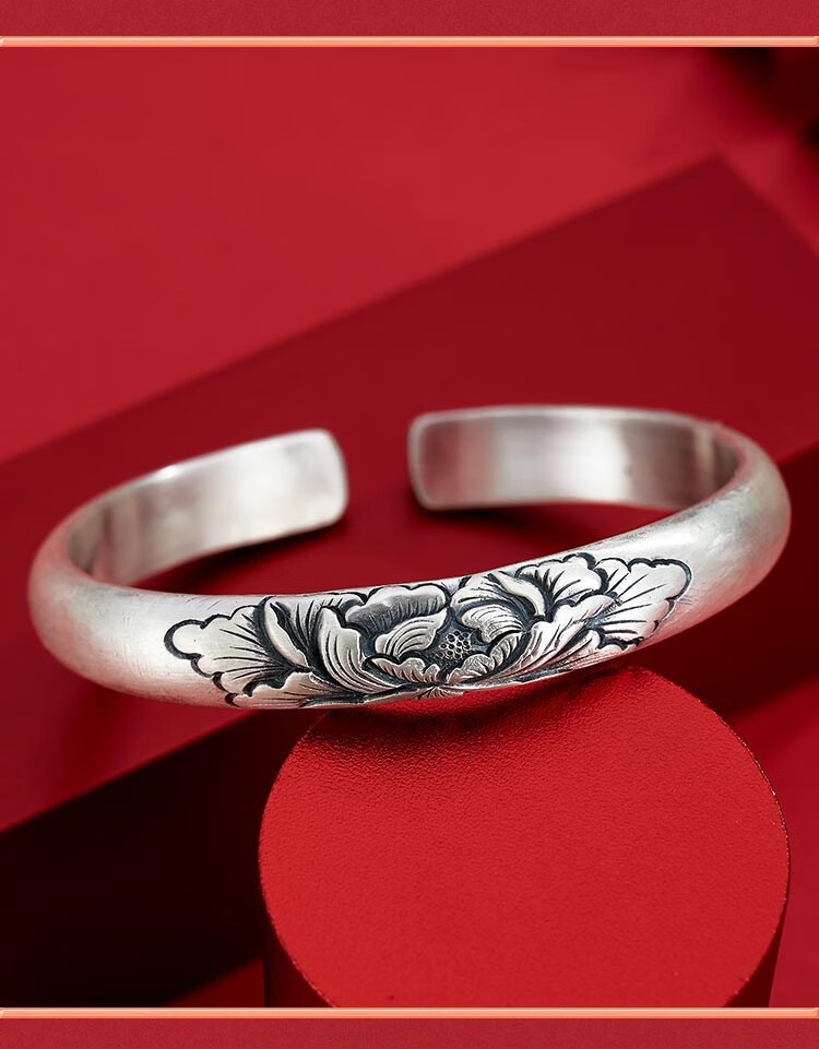 欣艾熙 精致s9999银牡丹花开口足银手镯纯手工简约个性镯子小众送妈妈