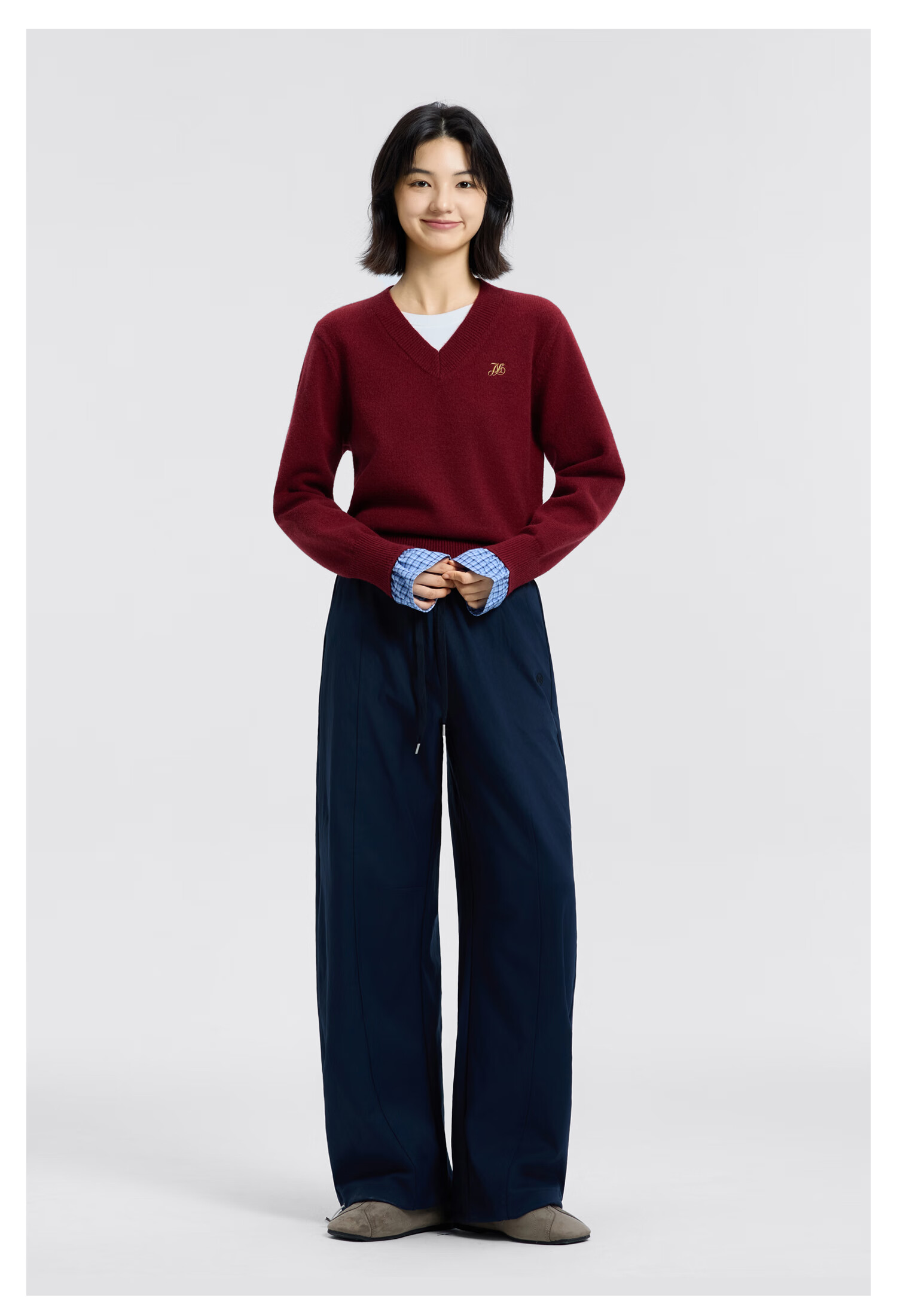 Meters Bonwe Women's Sweater 2025 Winter New Casual Two-Piece Lace Color-Block Plaid Top 6