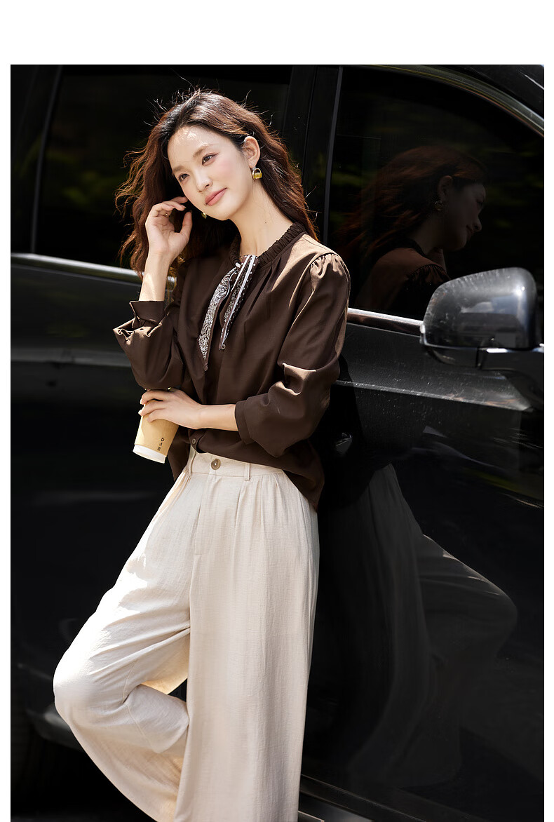 Vimly Vintage Scarf Tie Round Neck Linen Blend Shirt Women Spring New Dark Roast Brown M 11
